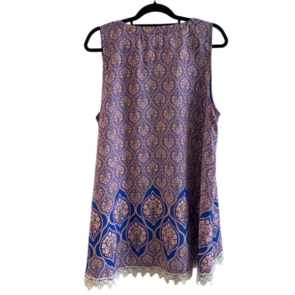 Honeyme Sleeveless Tunic Blue Pink Lace Trimmed High Low Hem Boho Size L - Picture 2 of 6